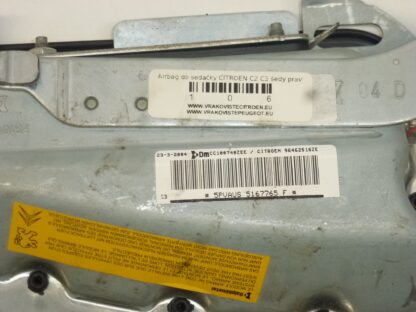 Sitz Airbag hellgrau rechts Citroën C2 C3 96462516ZE 8216AQ – Bild 2
